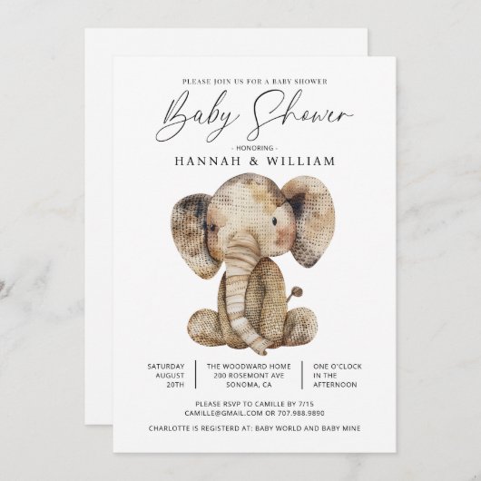 可愛いニットのサファリエレファントベビーシャワー 招待状 (正面/裏面)