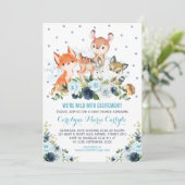 可愛いネイビーブルーウッドランド森林動物ベビーシャワー 招待状 (スタンド正面)