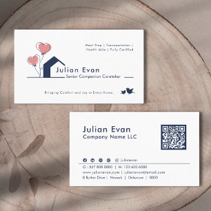 可愛いネイビーブルーホワイトハウスロゴシニア介護士 名刺