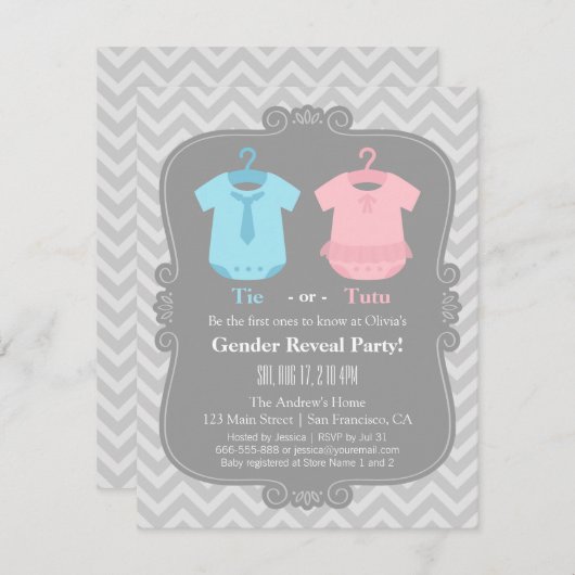 可愛いネクタイまたはチュチュ性別の表示パーティの招待状 招待状 (正面/裏面)