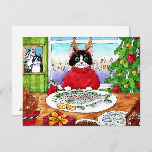 可愛いネコのネズミの魚クリスマス冬のはがき ポストカード (正面/裏面)