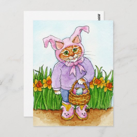 可愛いネコのバニースーツの水仙ピンクのイースターポストカード ポストカード (正面/裏面)
