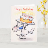 可愛いネズミが大きなケーキを持ってハッピーバースデー! カード (黄色い花)