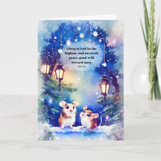 可愛いネズミ平和オン・アース・バイブル聖句クリスマス カード (正面)