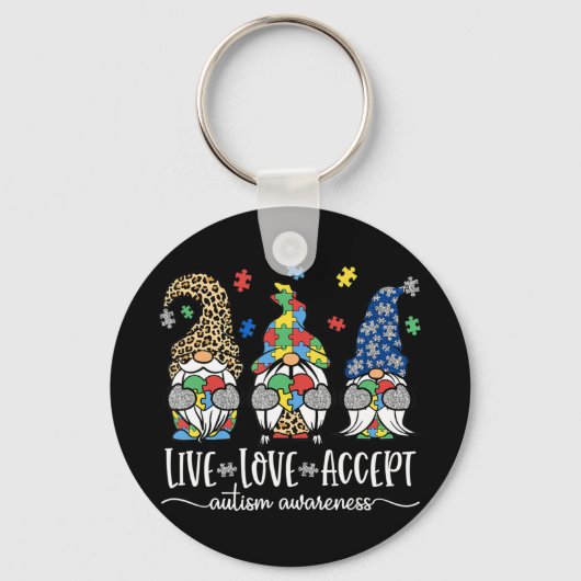 可愛いノーム自閉症認知デザイン Live Love Accept キーホルダー (正面)