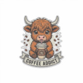 可愛いハイランドカウのレトロな彫刻 コーヒー中毒 シール (正面)