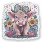 可愛いハイランド牛とティール（緑がかった色）花コケット弓 シール (正面)