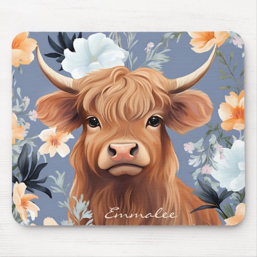 可愛いハイランド牛のフローラ背景カスタム付き マウスパッド (正面)