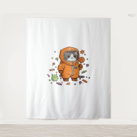 可愛いハズマキャットハロウィーンキャンディモンスターオーバーシおもしろい タペストリー (正面)