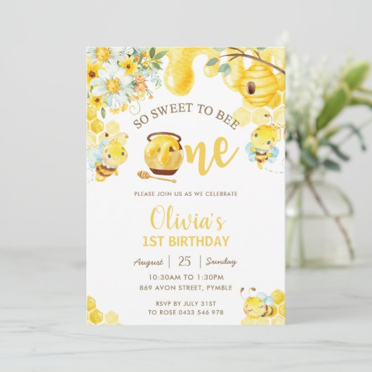 可愛いハチに甘い1歳の誕生日 招待状 (スタンド正面)