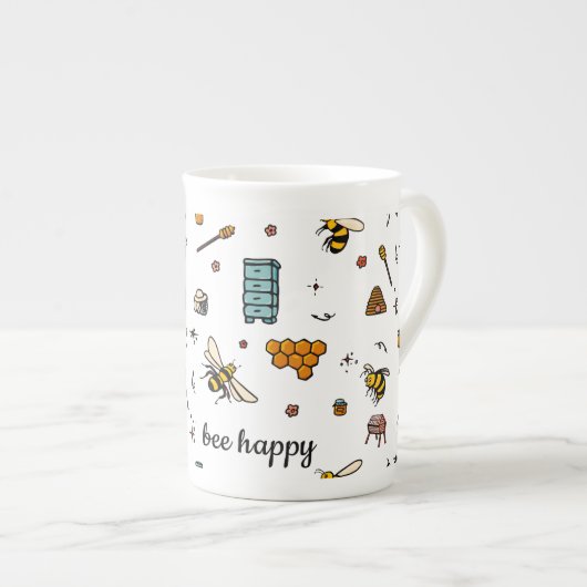可愛いハチの言葉アートを楽しむ ボーンチャイナマグカップ (正面右)