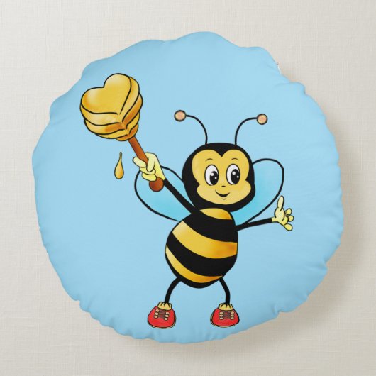 可愛いハチミツのまわりにとライトブルーのハート ラウンドクッション (裏面)