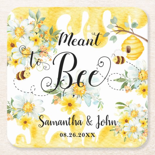 可愛いハチミツ黄色結婚いフローラ スクエアペーパーコースター (正面)