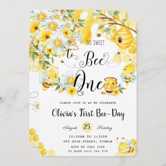 可愛いハチ一匹に甘い1歳の誕生日 招待状 (正面/裏面)