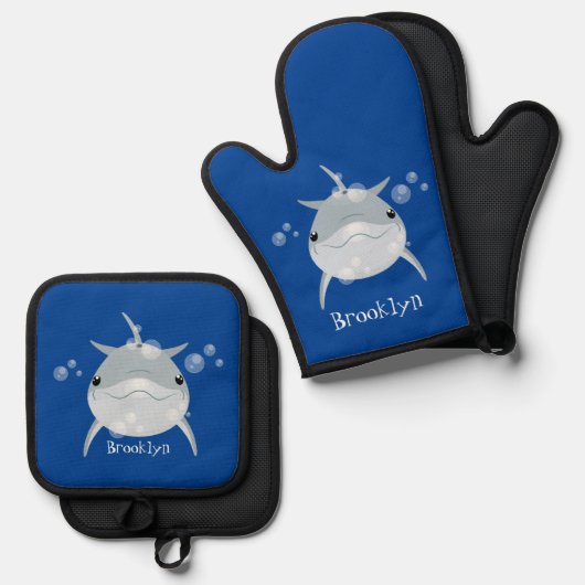 可愛いハッピーかわいいイルカ漫画 鍋つかみ&鍋敷きセット (正面/裏面)