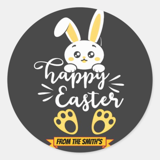 可愛いハッピーイースターバニーと黄色いポープリント ラウンドシール (正面)