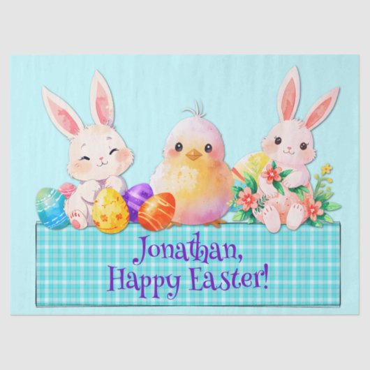 可愛いハッピーイースターバニーひよこ卵の花ブルー 薄葉紙 (正面)