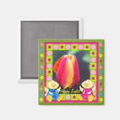 可愛いハッピーイースターマグネットと鶏とチューリップ マグネット (正面/裏面)