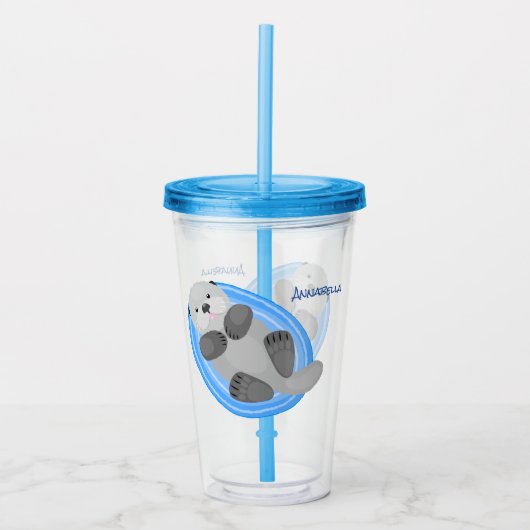 可愛いハッピーシーオッターブルー漫画イラストレーション アクリルタンブラー (正面)