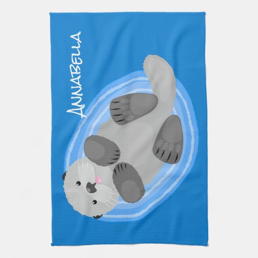 可愛いハッピーシーオッターブルー漫画イラストレーション キッチンタオル (縦)