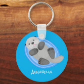 可愛いハッピーシーオッターブルー漫画イラストレーション キーホルダー (正面)