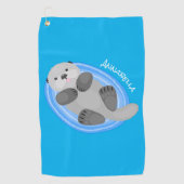 可愛いハッピーシーオッターブルー漫画イラストレーション ゴルフタオル (正面)