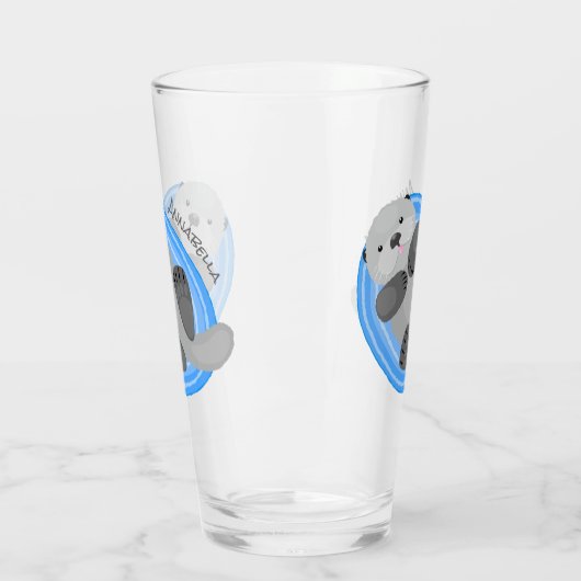 可愛いハッピーシーオッターブルー漫画イラストレーション タンブラーグラス (左)