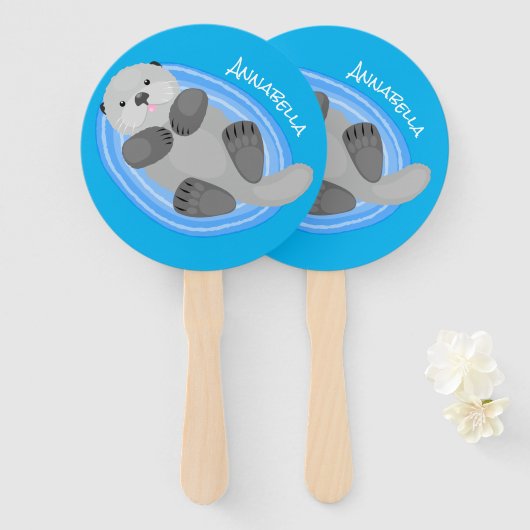 可愛いハッピーシーオッターブルー漫画イラストレーション ハンドファン (正面&裏面)