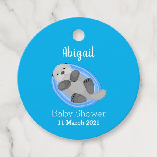 可愛いハッピーシーオッターブルー漫画イラストレーション フェイバータグ (正面)