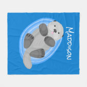 可愛いハッピーシーオッターブルー漫画イラストレーション フリースブランケット (正面(横))