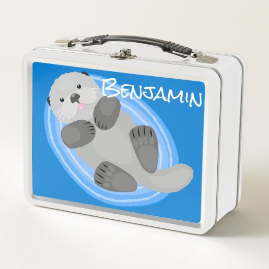 可愛いハッピーシーオッターブルー漫画イラストレーション メタルランチボックス (正面)