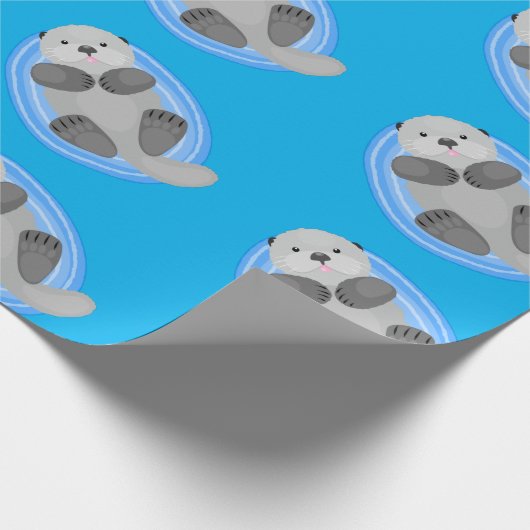 可愛いハッピーシーオッターブルー漫画イラストレーション ラッピングペーパー (角)