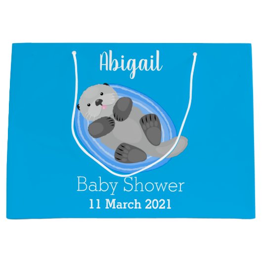 可愛いハッピーシーオッターブルー漫画イラストレーション ラージペーパーバッグ (正面)