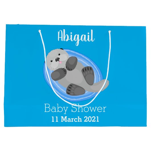 可愛いハッピーシーオッターブルー漫画イラストレーション ラージペーパーバッグ (裏面)