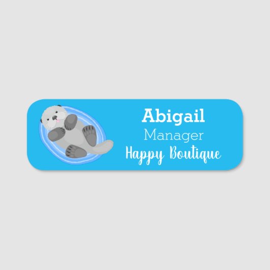 可愛いハッピーシーオッターブルー漫画イラストレーション 名札 (正面)