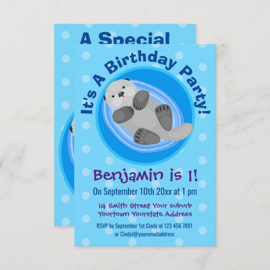 可愛いハッピーシーオッターブルー漫画イラストレーション 招待状 (正面/裏面)