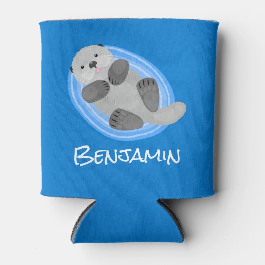 可愛いハッピーシーオッターブルー漫画イラストレーション 缶クーラー (正面)