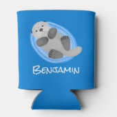 可愛いハッピーシーオッターブルー漫画イラストレーション 缶クーラー (裏面)