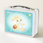 可愛いハッピーバニーとライトブルーのスター メタルランチボックス (裏面)