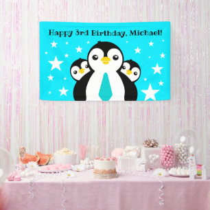 可愛いハッピーバースデーボーイペンギンブルーネクタイ 横断幕