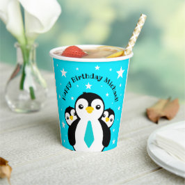 可愛いハッピーバースデーボーイペンギンブルーネクタイ 紙コップ