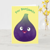 可愛いハッピーパープルイチジクのフルーツマンガ カード (黄色い花)