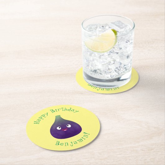 可愛いハッピーパープルイチジクのフルーツマンガ ラウンドペーパーコースター (インサイチュ)