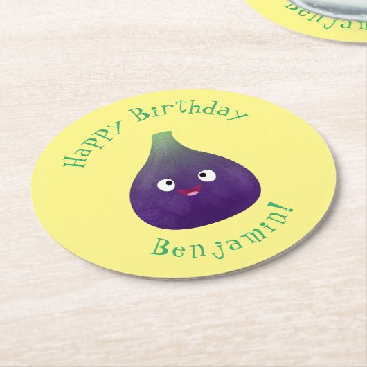 可愛いハッピーパープルイチジクのフルーツマンガ ラウンドペーパーコースター (アングル)