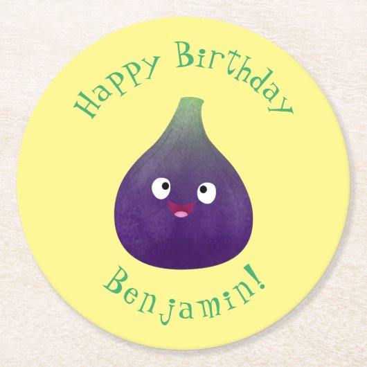 可愛いハッピーパープルイチジクのフルーツマンガ ラウンドペーパーコースター (正面)
