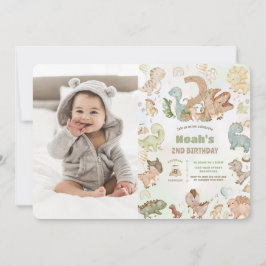 可愛いハッピー恐竜2番目の誕生日写真 招待状