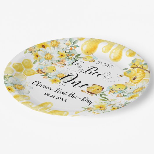 可愛いハニービーイエローフローラ1歳の誕生日1 ペーパープレート (アングル)
