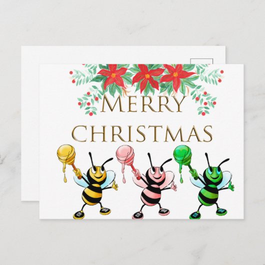 可愛いハニービーズ金ゴールドメリークリスマス ポストカード (正面/裏面)