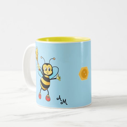 可愛いハニービーハート&ライトブルーのモノグラム ツートーンマグカップ (正面左)