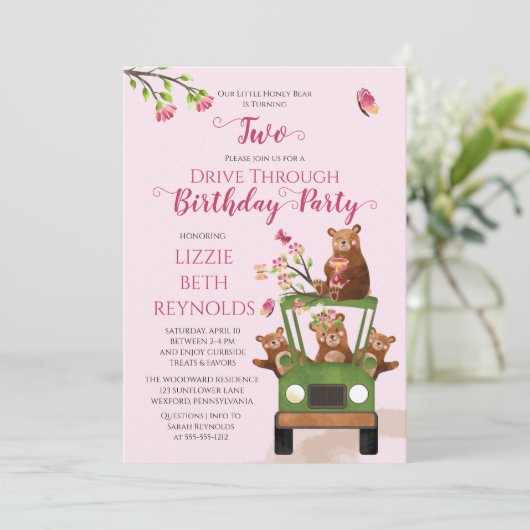 可愛いハニーベアードライブスルーガール2nd誕生日パーティー 招待状 (スタンド正面)